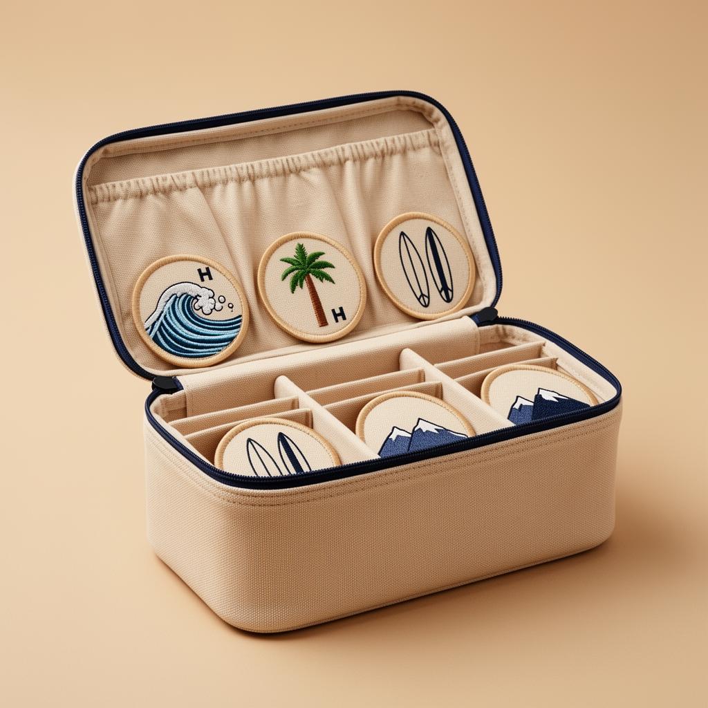 Coffret Hookme beige ouvert avec hookies brodés à collectionner