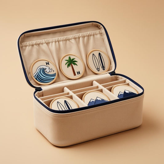 Coffret Hookme beige ouvert avec hookies brodés à collectionner